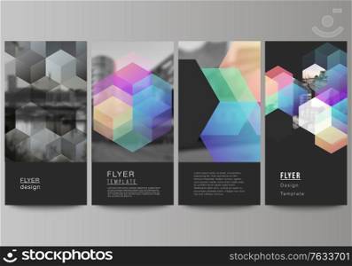 Vector layout of flyer, banner design templates with colorful hexagons, geometric shapes, tech background for website advertising design, vertical flyer design, website decoration backgrounds. Vector layout of flyer, banner design templates with colorful hexagons, geometric shapes, tech background for website advertising design, vertical flyer design, website decoration backgrounds.