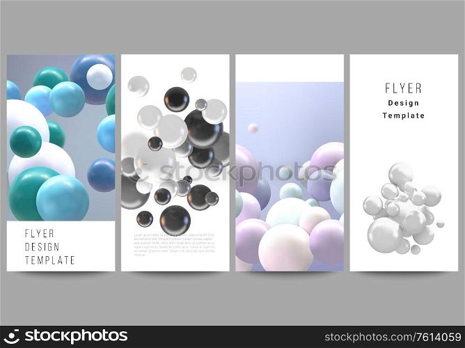 Vector layout of flyer, banner templates for website advertising design, vertical flyer design, website decoration backgrounds. Realistic vector background with multicolored 3d spheres, bubbles, balls.. Vector layout of flyer, banner templates for website advertising design, vertical flyer design, website decoration backgrounds. Realistic vector background with multicolored 3d spheres, bubbles, balls