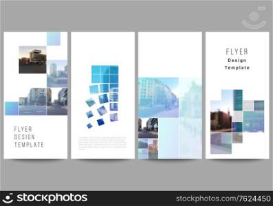 Vector layout of flyer, banner templates for website advertising design, vertical flyer design, website decoration backgrounds. Abstract design project in geometric style with blue squares. Vector layout of flyer, banner templates for website advertising design, vertical flyer design, website decoration backgrounds. Abstract design project in geometric style with blue squares.