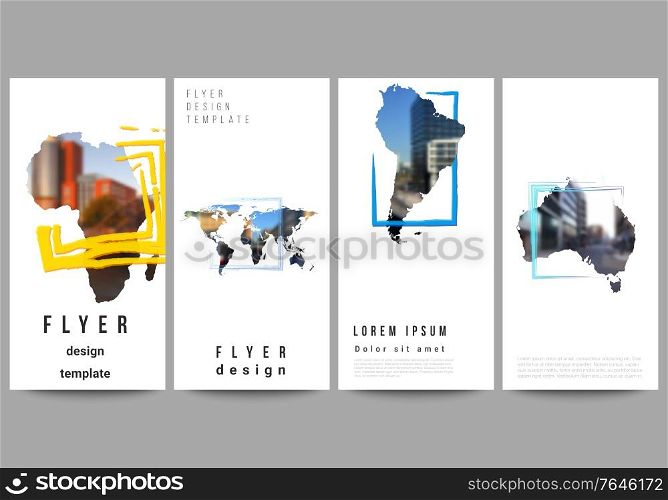 Vector layout of flyer, banner templates for website advertising design, vertical flyer design, website decoration. Design template in the form of world maps and colored frames, insert your photo. Vector layout of flyer, banner templates for website advertising design, vertical flyer design, website decoration. Design template in the form of world maps and colored frames, insert your photo.