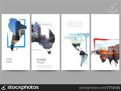 Vector layout of flyer, banner templates for website advertising design, vertical flyer design, website decoration. Design template in the form of world maps and colored frames, insert your photo. Vector layout of flyer, banner templates for website advertising design, vertical flyer design, website decoration. Design template in the form of world maps and colored frames, insert your photo.