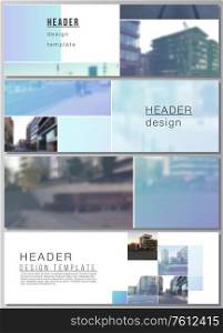 Vector layout of headers, banner templates for website footer design, horizontal flyer design, website header backgrounds. Abstract design project in geometric style with blue squares. Vector layout of headers, banner templates for website footer design, horizontal flyer design, website header backgrounds. Abstract design project in geometric style with blue squares.