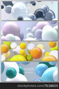 Vector layout of headers, banner templates for website footer design, horizontal flyer design, website header backgrounds. Realistic vector background with multicolored 3d spheres, bubbles, balls. Vector layout of headers, banner templates for website footer design, horizontal flyer design, website header backgrounds. Realistic vector background with multicolored 3d spheres, bubbles, balls.