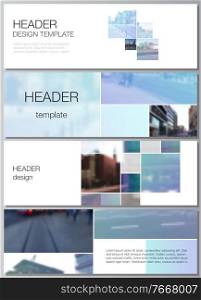 Vector layout of headers, banner templates for website footer design, horizontal flyer design, website header backgrounds. Abstract design project in geometric style with blue squares. Vector layout of headers, banner templates for website footer design, horizontal flyer design, website header backgrounds. Abstract design project in geometric style with blue squares.