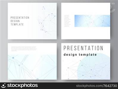 Vector layout of presentation slides design business templates, multipurpose template for presentation brochure, brochure cover, report. Blue medical background with connecting lines and dots, plexus. Vector layout of presentation slides design business templates, multipurpose template for presentation brochure, brochure cover, report. Blue medical background with connecting lines and dots, plexus.