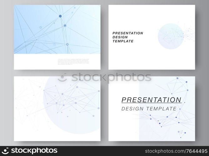 Vector layout of presentation slides design business templates, multipurpose template for presentation brochure, brochure cover, report. Blue medical background with connecting lines and dots, plexus. Vector layout of presentation slides design business templates, multipurpose template for presentation brochure, brochure cover, report. Blue medical background with connecting lines and dots, plexus.