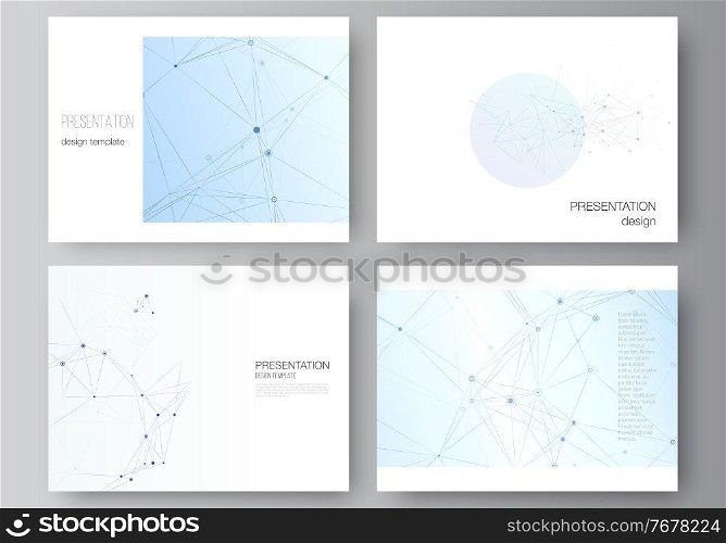 Vector layout of presentation slides design business templates, multipurpose template for presentation brochure, brochure cover, report. Blue medical background with connecting lines and dots, plexus. Vector layout of presentation slides design business templates, multipurpose template for presentation brochure, brochure cover, report. Blue medical background with connecting lines and dots, plexus.