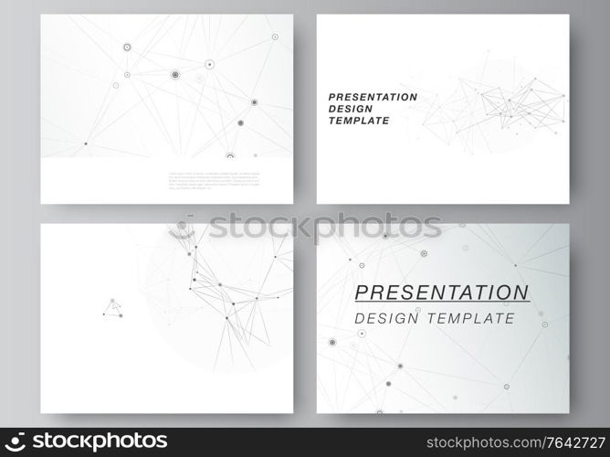 Vector layout of presentation slides design business templates, template for presentation brochure, brochure cover, report. Gray technology background with connecting lines and dots. Network concept. Vector layout of presentation slides design business templates, template for presentation brochure, brochure cover, report. Gray technology background with connecting lines and dots. Network concept.