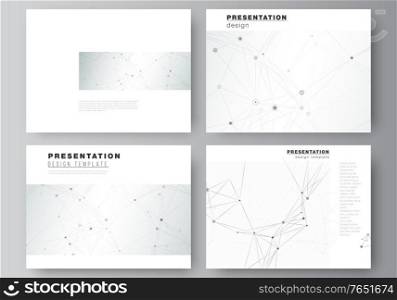 Vector layout of presentation slides design business templates, template for presentation brochure, brochure cover, report. Gray technology background with connecting lines and dots. Network concept. Vector layout of presentation slides design business templates, template for presentation brochure, brochure cover, report. Gray technology background with connecting lines and dots. Network concept.