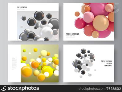 Vector layout of presentation slides design templates, multipurpose template for presentation brochure, business report. Abstract futuristic background with colorful 3d spheres, glossy bubbles, balls. Vector layout of presentation slides design templates, multipurpose template for presentation brochure, business report. Abstract futuristic background with colorful 3d spheres, glossy bubbles, balls.