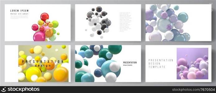 Vector layout of presentation slides design templates, multipurpose template for presentation brochure, business report. Abstract futuristic background with colorful 3d spheres, glossy bubbles, balls. Vector layout of presentation slides design templates, multipurpose template for presentation brochure, business report. Abstract futuristic background with colorful 3d spheres, glossy bubbles, balls.