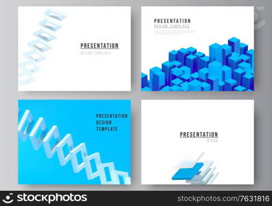 Vector layout of presentation slides design templates, template for presentation brochure, brochure cover, business report. 3d render vector composition with realistic geometric blue shapes in motion.. Vector layout of presentation slides design templates, template for presentation brochure, brochure cover, business report. 3d render vector composition with dynamic geometric blue shapes in motion.