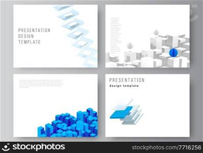 Vector layout of presentation slides design templates, template for presentation brochure, brochure cover, business report. 3d render vector composition with realistic geometric blue shapes in motion.. Vector layout of presentation slides design templates, template for presentation brochure, brochure cover, business report. 3d render vector composition with dynamic geometric blue shapes in motion.