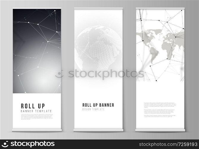 Vector layout of roll up banner stands, vertical flyers, flags design business templates. Futuristic design with world globe, connecting lines and dots. Global network connections, technology concept. Vector layout of roll up banner stands, vertical flyers, flags design business templates. Futuristic design with world globe, connecting lines and dots. Global network connections, technology concept.