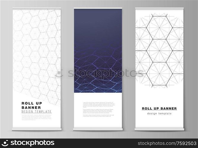 Vector layout of roll up banner stands, vertical flyers, flags design business templates. Digital technology and big data concept with hexagons, connecting dots and lines, science medical background. Vector layout of roll up banner stands, vertical flyers, flags design business templates. Digital technology and big data concept with hexagons, connecting dots and lines, science medical background.