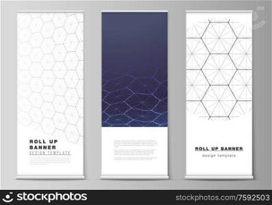 Vector layout of roll up banner stands, vertical flyers, flags design business templates. Digital technology and big data concept with hexagons, connecting dots and lines, science medical background. Vector layout of roll up banner stands, vertical flyers, flags design business templates. Digital technology and big data concept with hexagons, connecting dots and lines, science medical background.