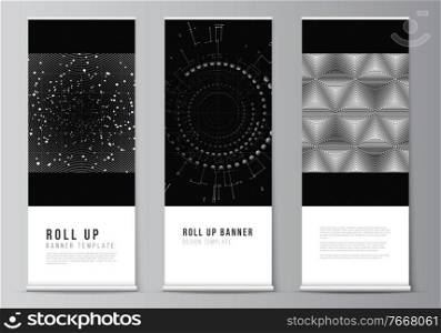 Vector layout of roll up design templates for vertical flyers, flags design templates, banner stands. Black color technology background. Digital visualization of science, medicine, tech concept. Vector layout of roll up design templates for vertical flyers, flags design templates, banner stands. Black color technology background. Digital visualization of science, medicine, tech concept.