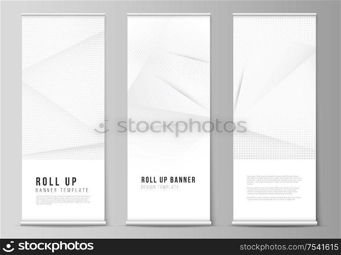 Vector layout of roll up mockup design templates for vertical flyers, flags design templates, banner stands, advertising design. Halftone effect decoration with dots. Dotted pop art pattern decoration.. Vector layout of roll up mockup design templates for vertical flyers, flags design templates, banner stands, advertising design. Halftone effect decoration with dots. Dotted pop art pattern decoration