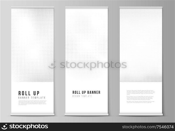 Vector layout of roll up mockup design templates for vertical flyers, flags design templates, banner stands, advertising design. Halftone effect decoration with dots. Dotted pattern for grunge style. Vector layout of roll up mockup design templates for vertical flyers, flags design templates, banner stands, advertising design. Halftone effect decoration with dots. Dotted pattern for grunge style.