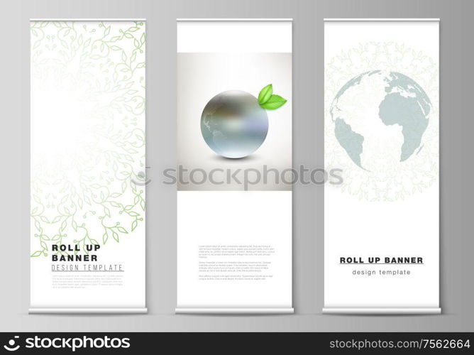 Vector layout of roll up mockup design templates for vertical flyers, flags design templates, banner stands, advertising. Save Earth planet concept. Sustainable development global business concept. Vector layout of roll up mockup design templates for vertical flyers, flags design templates, banner stands, advertising. Save Earth planet concept. Sustainable development global business concept.