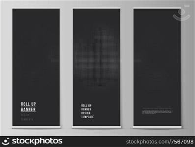 Vector layout of roll up mockup design templates for vertical flyers, flags design templates, banner stands, advertising design. Halftone effect decoration with dots. Dotted pattern for grunge style. Vector layout of roll up mockup design templates for vertical flyers, flags design templates, banner stands, advertising design. Halftone effect decoration with dots. Dotted pattern for grunge style.