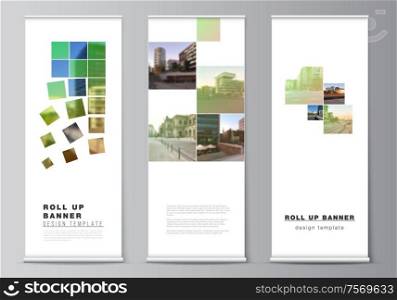 Vector layout of roll up mockup design templates for vertical flyers, flags design templates, banner stands, advertising design mockups. Abstract project with clipping mask green squares for your photo. Vector layout of roll up mockup design templates for vertical flyers, flags design templates, banner stands, advertising design mockups. Abstract project with clipping mask green squares for your photo.