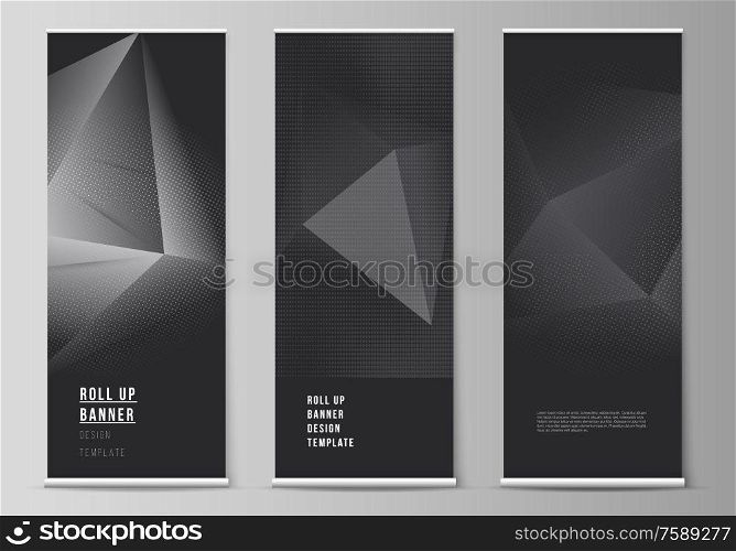 Vector layout of roll up mockup design templates for vertical flyers, flags design templates, banner stands, advertising design. Halftone dotted background with gray dots, abstract gradient background.. Vector layout of roll up mockup design templates for vertical flyers, flags design templates, banner stands, advertising design. Halftone dotted background with gray dots, abstract gradient background
