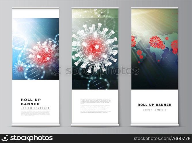 Vector layout of roll up mockup design templates for vertical flyers, flags design templates, banner stands. 3d medical background of corona virus. Covid 19, coronavirus infection. Virus concept. Vector layout of roll up mockup design templates for vertical flyers, flags design templates, banner stands. 3d medical background of corona virus. Covid 19, coronavirus infection. Virus concept.