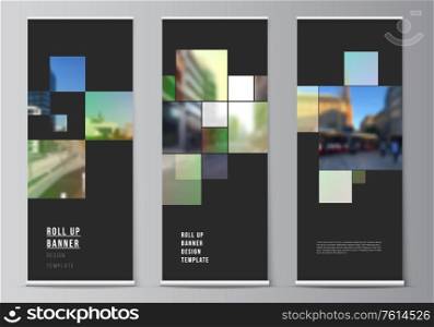 Vector layout of roll up mockup design templates for vertical flyers, flags design templates, banner stands, advertising design mockups. Abstract project with clipping mask green squares for your photo. Vector layout of roll up mockup design templates for vertical flyers, flags design templates, banner stands, advertising design mockups. Abstract project with clipping mask green squares for your photo.