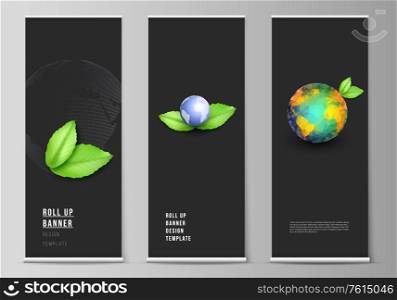 Vector layout of roll up mockup design templates for vertical flyers, flags design templates, banner stands, advertising. Save Earth planet concept. Sustainable development global business concept. Vector layout of roll up mockup design templates for vertical flyers, flags design templates, banner stands, advertising. Save Earth planet concept. Sustainable development global business concept.