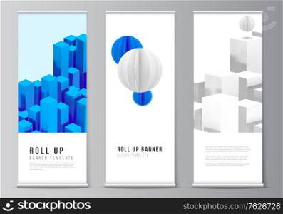 Vector layout of roll up mockup design templates for vertical flyers, flags design templates, banner stands, advertising. 3d render vector composition with dynamic realistic geometric blue shapes. Vector layout of roll up mockup design templates for vertical flyers, flags design templates, banner stands, advertising. 3d render vector composition with dynamic realistic geometric blue shapes.