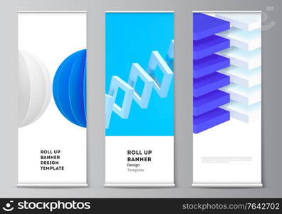 Vector layout of roll up mockup design templates for vertical flyers, flags design templates, banner stands, advertising. 3d render vector composition with dynamic realistic geometric blue shapes. Vector layout of roll up mockup design templates for vertical flyers, flags design templates, banner stands, advertising. 3d render vector composition with dynamic realistic geometric blue shapes.