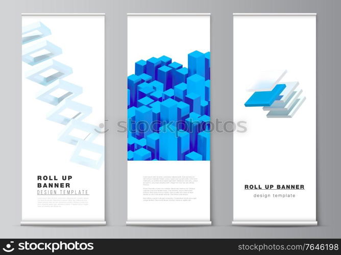 Vector layout of roll up mockup design templates for vertical flyers, flags design templates, banner stands, advertising. 3d render vector composition with dynamic realistic geometric blue shapes. Vector layout of roll up mockup design templates for vertical flyers, flags design templates, banner stands, advertising. 3d render vector composition with dynamic realistic geometric blue shapes.