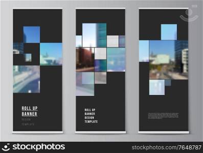 Vector layout of roll up mockup design templates for vertical flyers, flags design templates, banner stands, advertising mockups. Abstract design project in geometric style with blue squares. Vector layout of roll up mockup design templates for vertical flyers, flags design templates, banner stands, advertising mockups. Abstract design project in geometric style with blue squares.