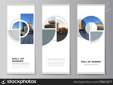 Vector layout of roll up mockup design templates for vertical flyers, flags design templates, banner stands. Background with abstract circle round banners. Corporate business concept template. Vector layout of roll up mockup design templates for vertical flyers, flags design templates, banner stands. Background with abstract circle round banners. Corporate business concept template.