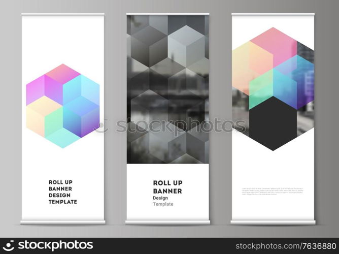 Vector layout of roll up mockup design templates with colorful hexagons, geometric shapes, tech background for vertical flyers, flags design templates, banner stands, advertising design mockups. Vector layout of roll up mockup design templates with colorful hexagons, geometric shapes, tech background for vertical flyers, flags design templates, banner stands, advertising design mockups.