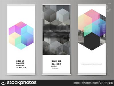 Vector layout of roll up mockup design templates with colorful hexagons, geometric shapes, tech background for vertical flyers, flags design templates, banner stands, advertising design mockups. Vector layout of roll up mockup design templates with colorful hexagons, geometric shapes, tech background for vertical flyers, flags design templates, banner stands, advertising design mockups.