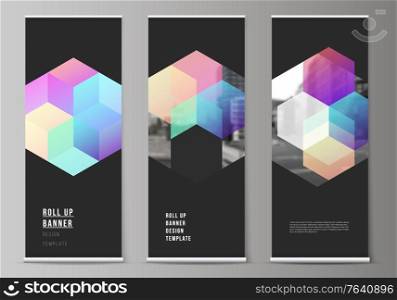 Vector layout of roll up mockup design templates with colorful hexagons, geometric shapes, tech background for vertical flyers, flags design templates, banner stands, advertising design mockups. Vector layout of roll up mockup design templates with colorful hexagons, geometric shapes, tech background for vertical flyers, flags design templates, banner stands, advertising design mockups.