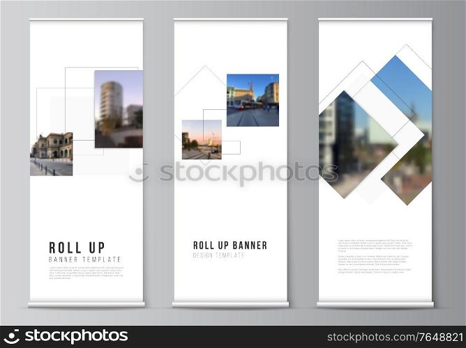 Vector layout of roll up mockup design templates with geometric simple shapes, lines and photo place for vertical flyers, flags design templates, banner stands, advertising design mockups. Vector layout of roll up mockup design templates with geometric simple shapes, lines and photo place for vertical flyers, flags design templates, banner stands, advertising design mockups.