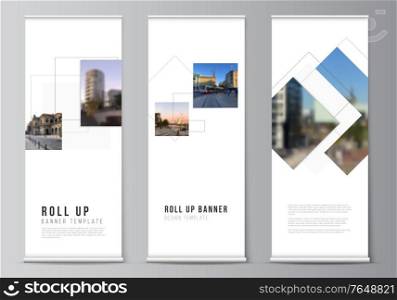 Vector layout of roll up mockup design templates with geometric simple shapes, lines and photo place for vertical flyers, flags design templates, banner stands, advertising design mockups. Vector layout of roll up mockup design templates with geometric simple shapes, lines and photo place for vertical flyers, flags design templates, banner stands, advertising design mockups.