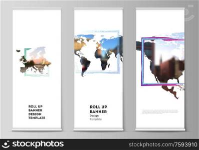 Vector layout of roll up mockup templates for vertical flyers, flags design templates, banner stands, advertising design. Design template in the form of world maps and colored frames, insert your photo. Vector layout of roll up mockup template for vertical flyers, flags design templates, banner stands, advertising design. Design template in the form of world maps and colored frames, insert your photo