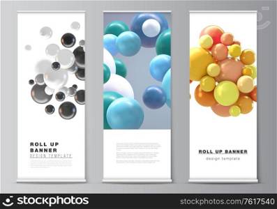 Vector layout of roll up mockup templates for vertical flyers, flags design templates, banner stands, advertising design mockups. Realistic vector background with multicolored 3d spheres, bubbles, balls. Vector layout of roll up mockup templates for vertical flyers, flags design templates, banner stands, advertising design mockups. Realistic vector background with multicolored 3d spheres, bubbles, balls.