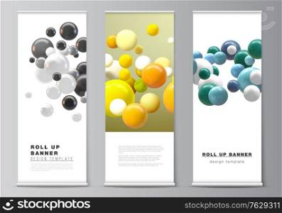 Vector layout of roll up mockup templates for vertical flyers, flags design templates, banner stands, advertising mockup. Abstract futuristic background with colorful 3d spheres, glossy bubbles, balls.. Vector layout of roll up mockup templates for vertical flyers, flags design templates, banner stands, advertising mockup. Abstract futuristic background with colorful 3d spheres, glossy bubbles, balls