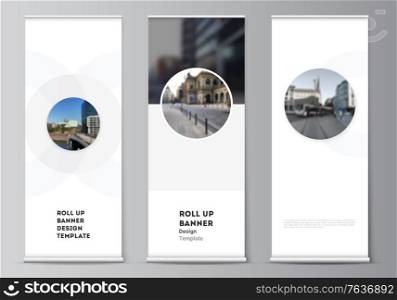 Vector layout of roll up mockup templates for vertical flyers, flags design templates, banner stands, advertising design mockups. Background template with rounds, circles for IT, technology. Vector layout of roll up mockup templates for vertical flyers, flags design templates, banner stands, advertising design mockups. Background template with rounds, circles for IT, technology.