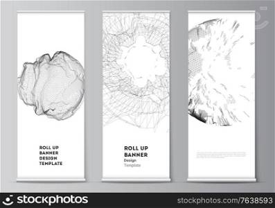 Vector layout of roll up mockup templates for vertical flyers, flags design templates, banner stands, advertising. Abstract 3d digital backgrounds for futuristic minimal technology concept design. Vector layout of roll up mockup templates for vertical flyers, flags design templates, banner stands, advertising. Abstract 3d digital backgrounds for futuristic minimal technology concept design.