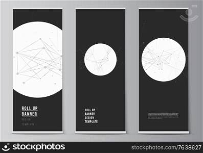 Vector layout of roll up mockup templates for vertical flyers, flags design templates, banner stands, advertising mockups. Gray technology background with connecting lines and dots. Network concept. Vector layout of roll up mockup templates for vertical flyers, flags design templates, banner stands, advertising mockups. Gray technology background with connecting lines and dots. Network concept.