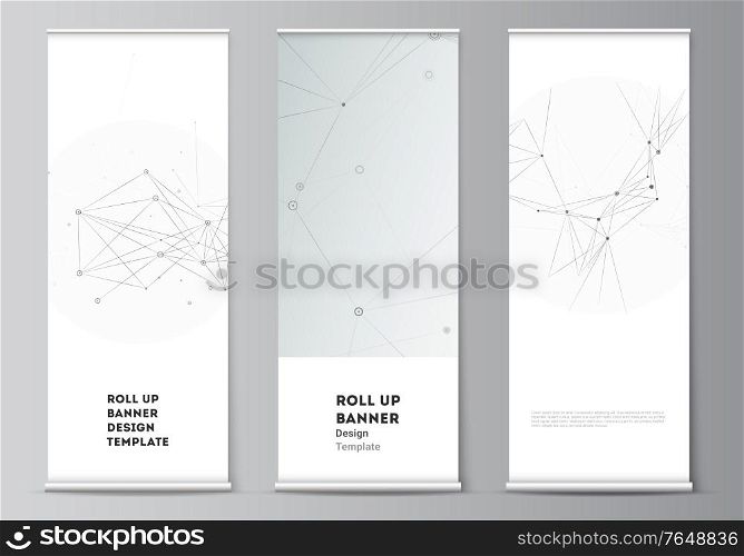 Vector layout of roll up mockup templates for vertical flyers, flags design templates, banner stands, advertising mockups. Gray technology background with connecting lines and dots. Network concept. Vector layout of roll up mockup templates for vertical flyers, flags design templates, banner stands, advertising mockups. Gray technology background with connecting lines and dots. Network concept.