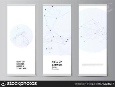 Vector layout of roll up mockup templates for vertical flyers, flags design templates, banner stands, advertising design mockups. Blue medical background with connecting lines and dots, plexus. Vector layout of roll up mockup templates for vertical flyers, flags design templates, banner stands, advertising design mockups. Blue medical background with connecting lines and dots, plexus.