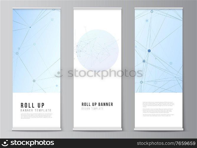 Vector layout of roll up mockup templates for vertical flyers, flags design templates, banner stands, advertising design mockups. Blue medical background with connecting lines and dots, plexus. Vector layout of roll up mockup templates for vertical flyers, flags design templates, banner stands, advertising design mockups. Blue medical background with connecting lines and dots, plexus.