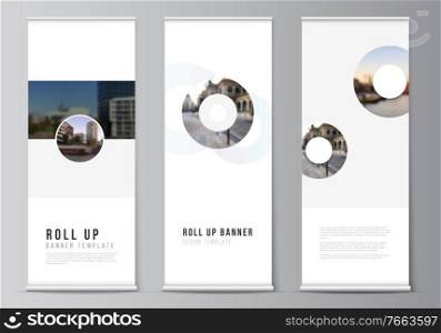 Vector layout of roll up mockup templates for vertical flyers, flags design templates, banner stands, advertising design mockups. Background template with rounds, circles for IT, technology. Vector layout of roll up mockup templates for vertical flyers, flags design templates, banner stands, advertising design mockups. Background template with rounds, circles for IT, technology.